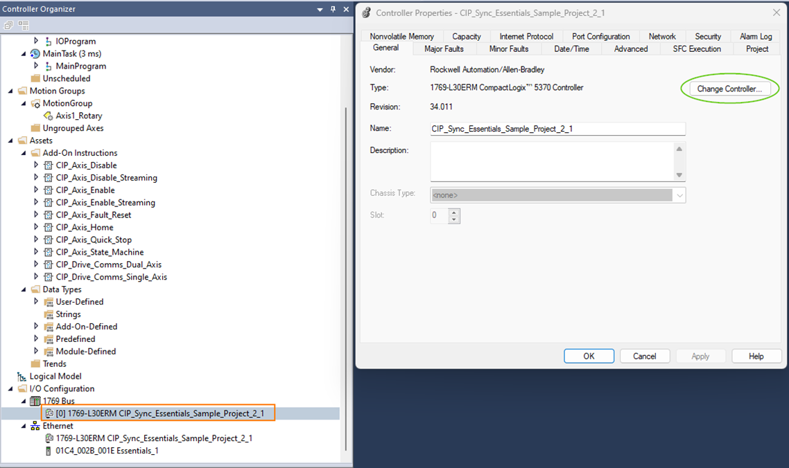 Studio 5000 Controller Properties - Cip Sync Demo with General tab open and Change Controller button circled